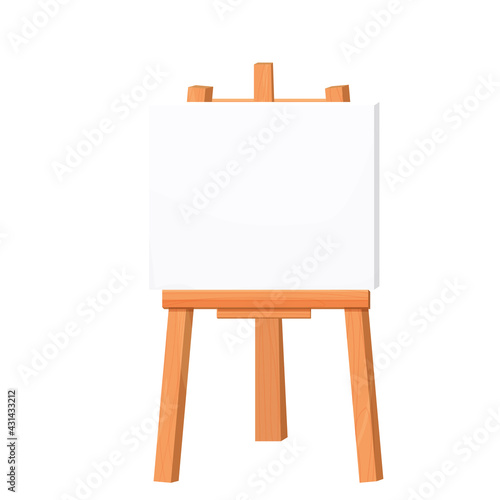 Wooden easel empty blank paper mock up in cartoon style isolated on vector white illustration. Artist equipment, advertising board.