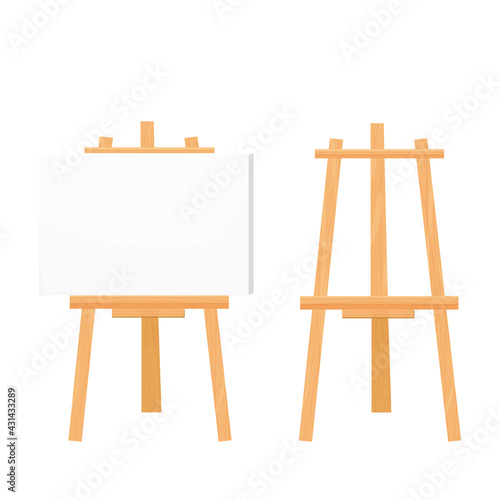 Wooden easel empty blank paper mock up in cartoon style isolated on vector white illustration. Artist equipment, advertising board, set.