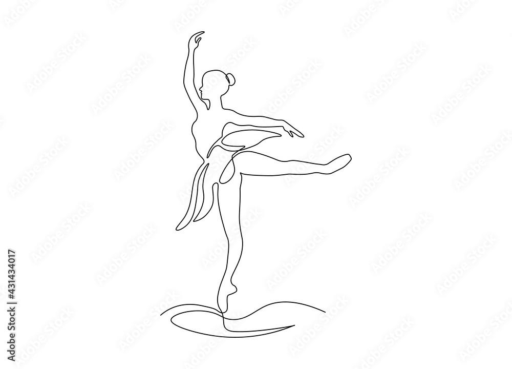Ballerina silhouette one line drawing.Hand drawn ballet dancer, minimalist tattoo, print for clothes and logo design. Vector art