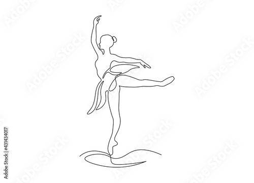 Ballerina silhouette one line drawing.Hand drawn ballet dancer, minimalist tattoo, print for clothes and logo design. Vector art