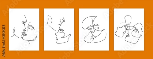 Abstract line portraits. Minimal one continuous line female face, modern art for posters, wall decor story. Vector illustration