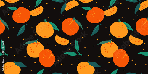 Vector seamless pattern with mandarins. Trendy hand drawn textures. Modern abstract design