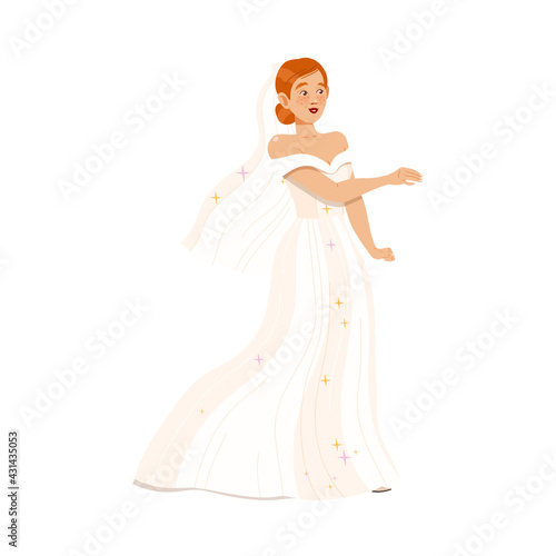 Young Redhead Bride in White Wedding Dress as Newlywed or Just Married Female Vector Illustration
