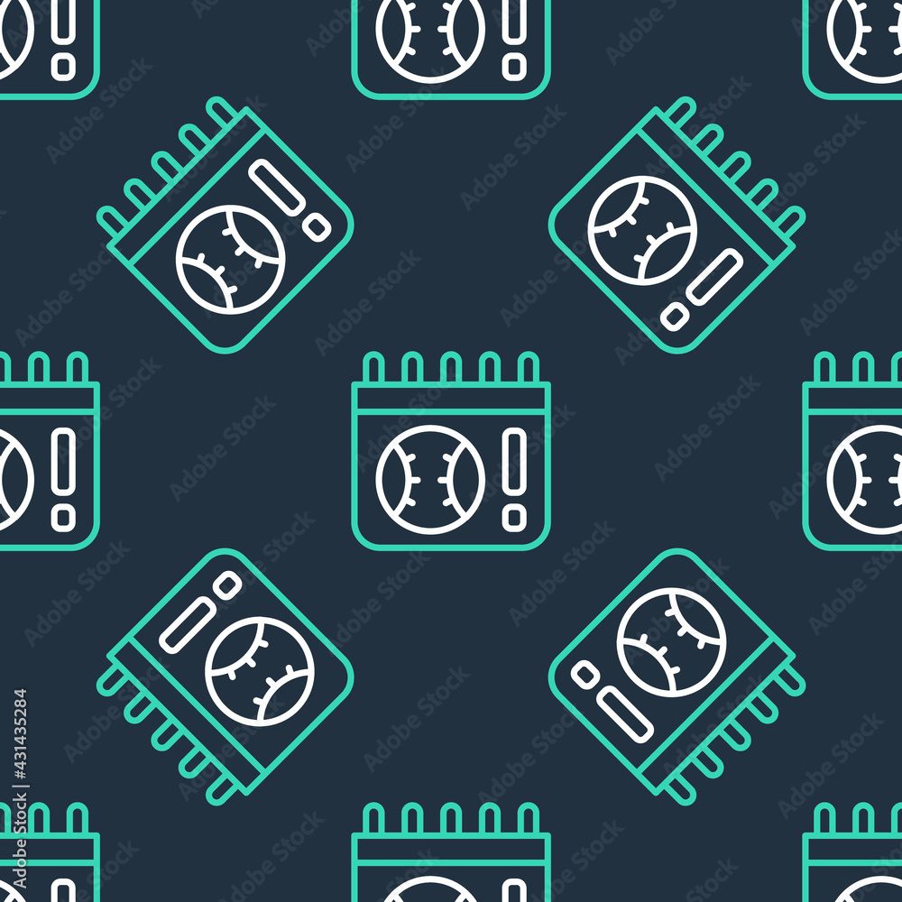 Line Calendar with baseball game icon isolated seamless pattern on black background. Game day. Vector