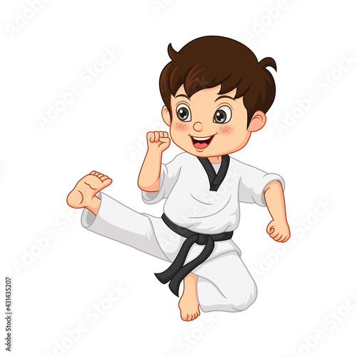 Cartoon little boy practicing karate