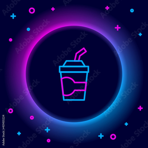 Glowing neon line Paper glass with drinking straw and water icon isolated on black background. Soda drink glass. Fresh cold beverage symbol. Colorful outline concept. Vector