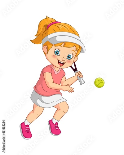 Cartoon funny girl playing tennis