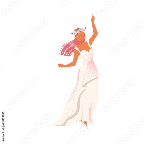 Young Bride in White Wedding Dress as Newlywed or Just Married Female Wearing Floral Wreath on Her Head Dancing Vector Illustration