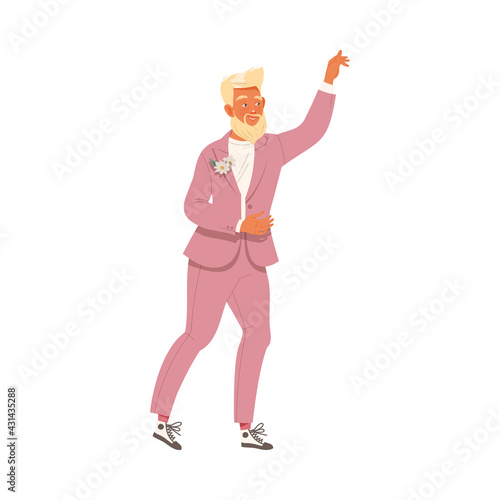 Blond Bearded Bridegroom as Newlywed or Just Married Male Wearing Evening Suit Dancing Vector Illustration © Happypictures