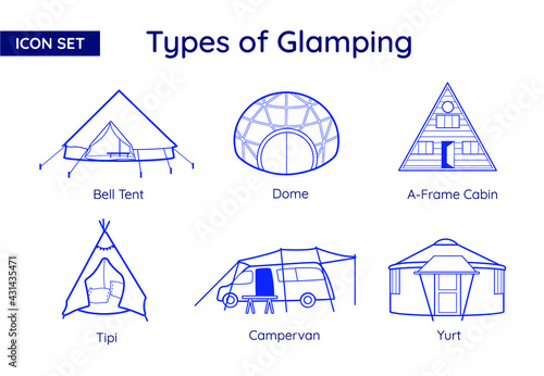 Glamping and Camping Types. Vector Line Icon Set.