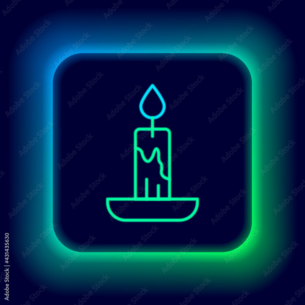 Glowing neon line Burning candle icon isolated on black background. Cylindrical candle stick with burning flame. Colorful outline concept. Vector Glowing neon line Burning candle icon isolated on black background. Cylindrical candle stick with burning flame. Colorful outline concept. Vector