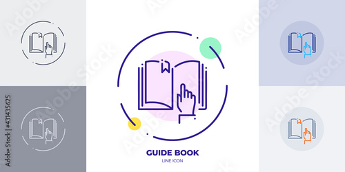Hand index guide book line art vector icon. Outline symbol of online customer support.