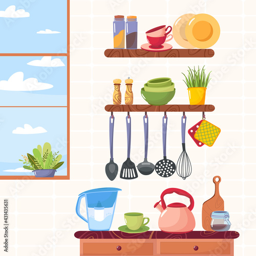 Set of kitchen accessory on shelves. Vector kitchen tools. Household utensil and cutlery, crockery. Cooking equipment and food preparation theme. Kitchen shelf with kitchenware and utensil