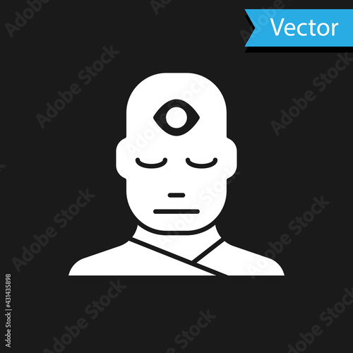 White Man with third eye icon isolated on black background. The concept of meditation, vision of energy, aura. Vector Illustration