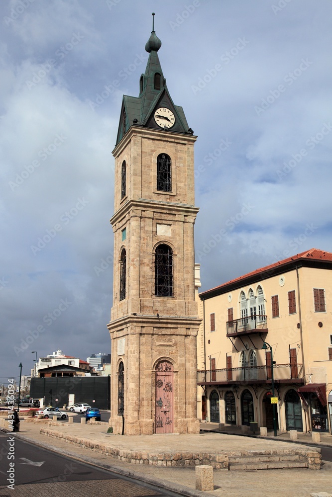 Jaffa Clock Tower in the Jaffa district of Tel Aviv, Israel. The clock tower was built in the Ottoman period.