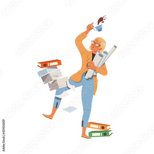 Blond Female Having Folders and Paper Documents Dropped out of Hands as Stressed out Office Employee Vector Illustration