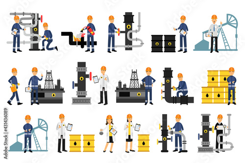 Male Character Working in Petroleum Industry Vector Illustration Set