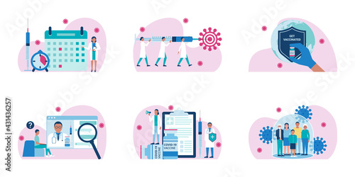 Coronavirus Covid-19 worldwide vaccination. Vector set of banner spot illustrations. Time to vaccinate. Doctors hold syringe with vaccine. Get vaccinated. Q&A about vaccine. Family vaccination concept