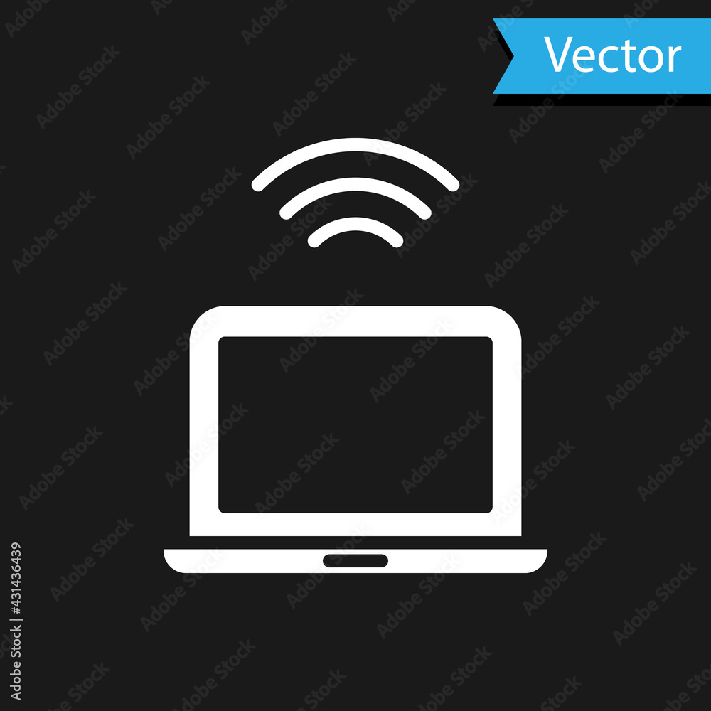 White Wireless laptop icon isolated on black background. Internet of things concept with wireless connection. Vector White Wireless laptop icon isolated on black background. Internet of things concept with wireless connection. Vector
