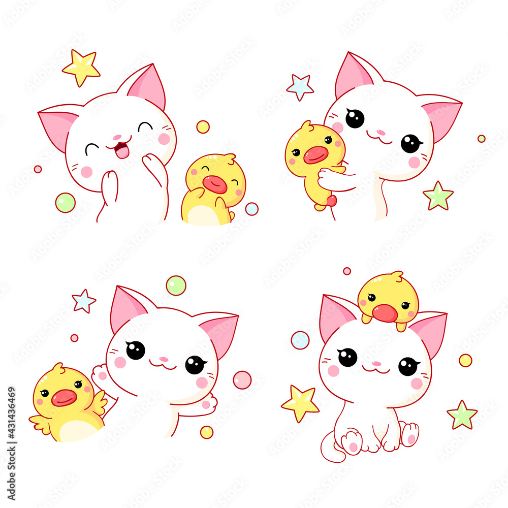 Obraz premium Set of kawaii cat and duckling.