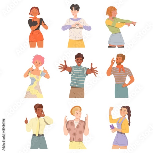 People Characters Showing Positive Gestures with Hands Feeling Happiness and Excitement Vector Illustration Set