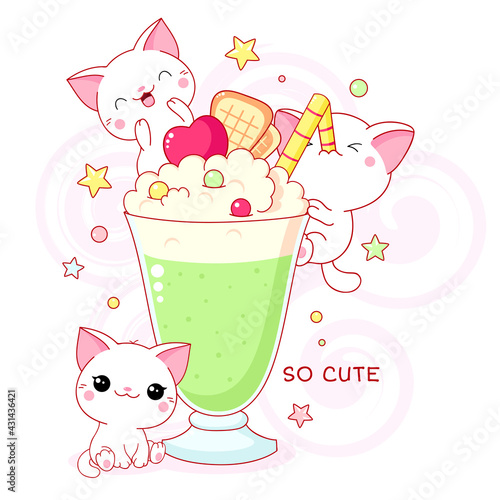 Cute yummy card in kawaii style. Three lovely cats with mint cocktail