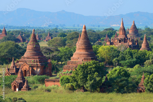 Sunny landscape with ancient Buddhist temples of Bagan. Burma