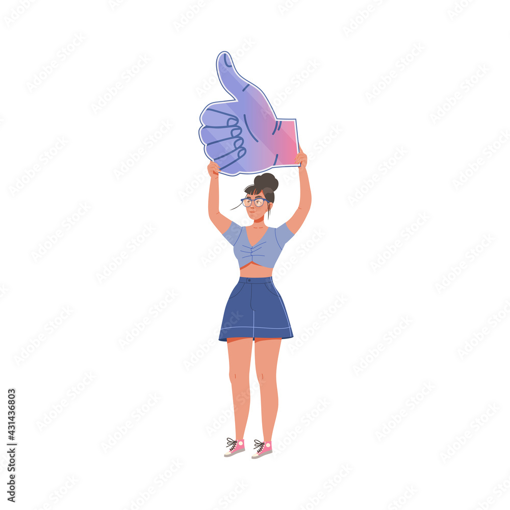 Young Woman with Raised Up Hands Holding Thumb Up Sign as Notification of Approval Vector Illustration Young Woman with Raised Up Hands Holding Thumb Up Sign as Notification of Approval Vector Illustration
