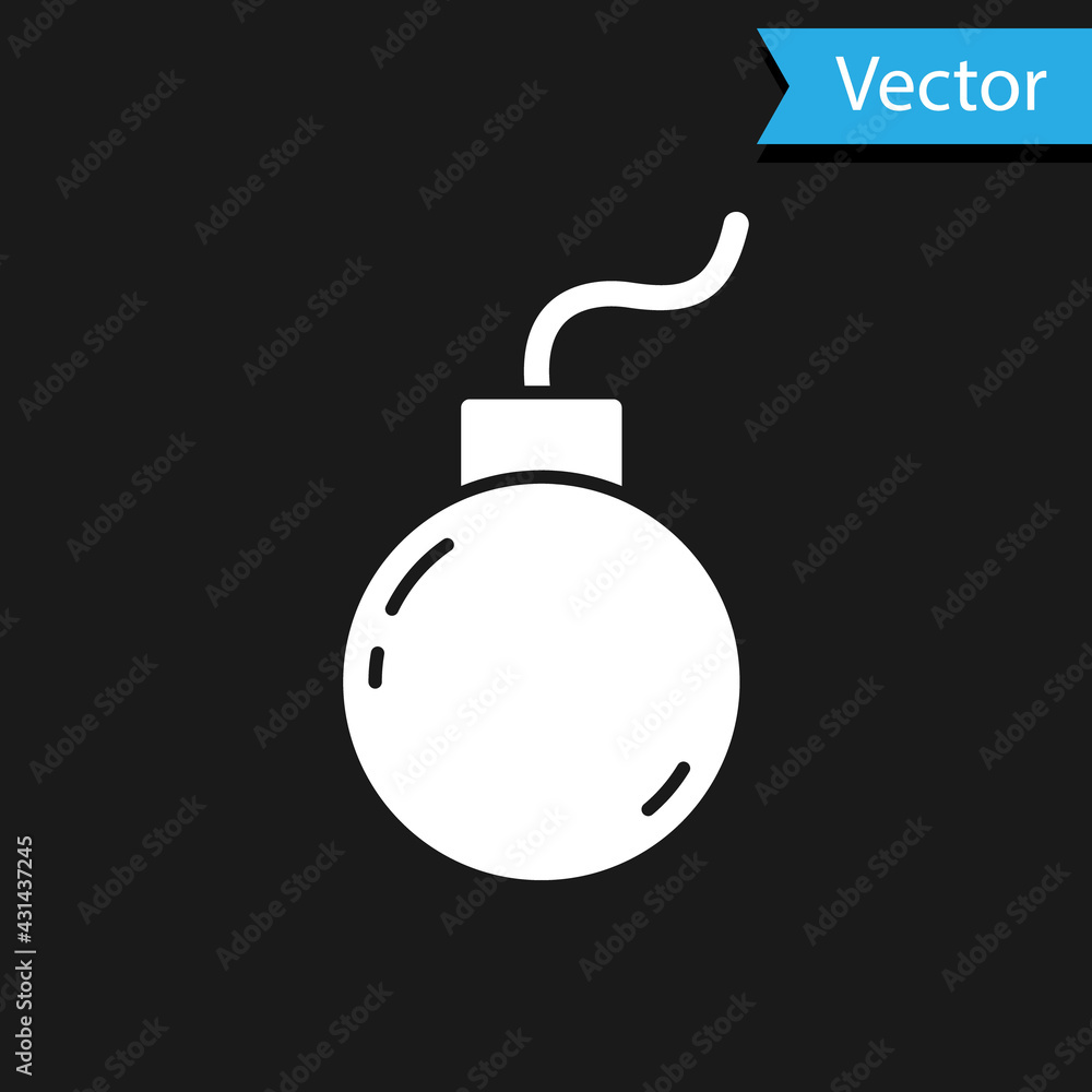 White Bomb ready to explode icon isolated on black background. Vector White Bomb ready to explode icon isolated on black background. Vector