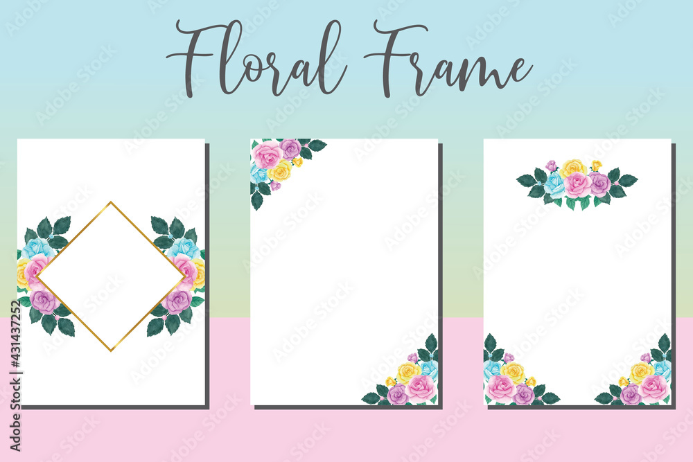 Wedding invitation frame set, floral watercolor hand drawn Colorful Rose Flower design Invitation Card Template