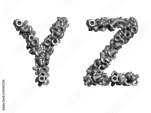 3d alphabet, uppercase letters Y Z made of bolts, 3d illustration