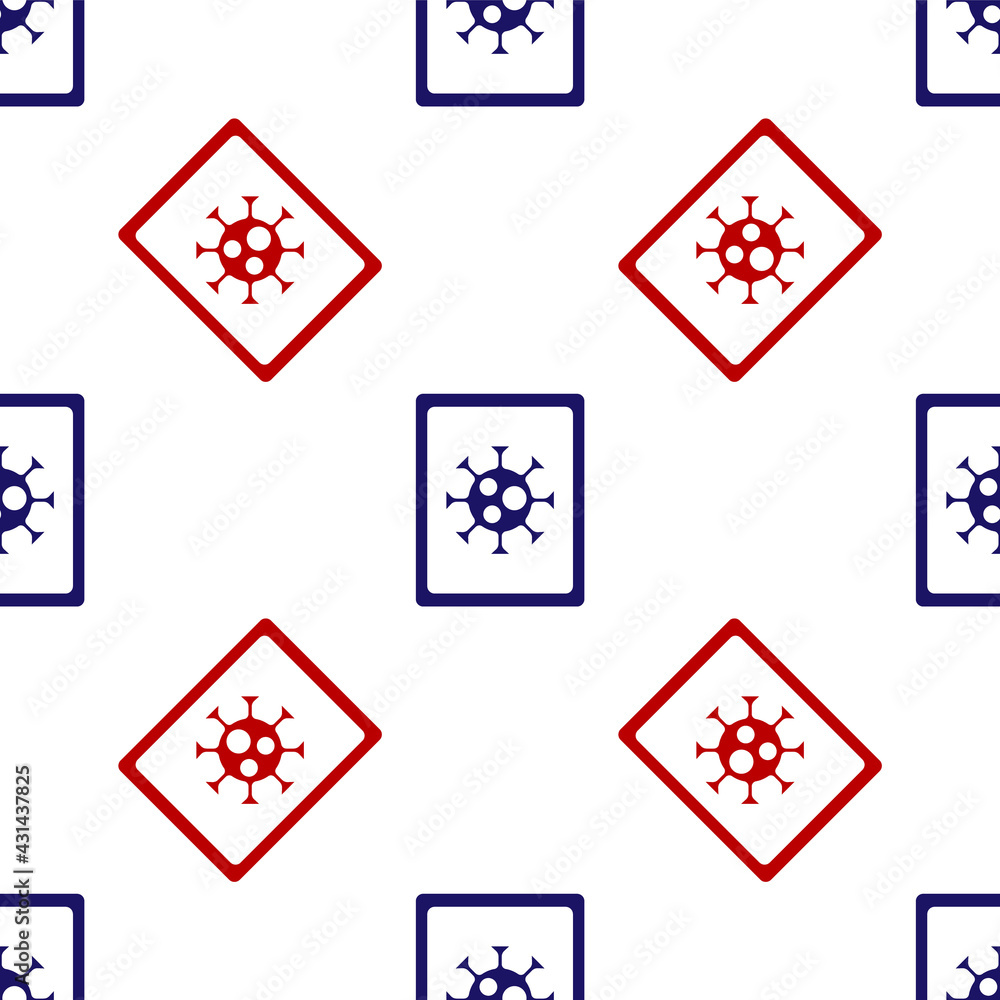 Blue and red Virus statistics on monitor icon isolated seamless pattern on white background. Corona virus 2019-nCoV. Bacteria and germs, cell cancer, microbe, fungi. Vector. Blue and red Virus statistics on monitor icon isolated seamless pattern on white background. Corona virus 2019-nCoV. Bacteria and germs, cell cancer, microbe, fungi. Vector.