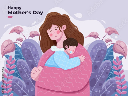 Happy Mother's Day illustration with mom hugs her child with great affection and love. Mother Holding Baby Son In Arms. Greeting happy Mother's Day. Suitable for banner, greeting card, postcard,banner