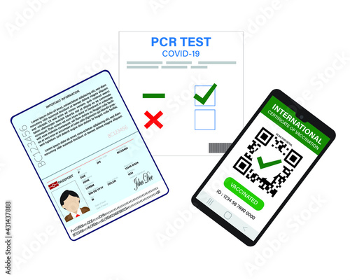 A vector of passport, PCR Test Covid-19 and Smartphone with digital International Certificate of Vaccination result. Travelers are compulsory to show for travelling purpose