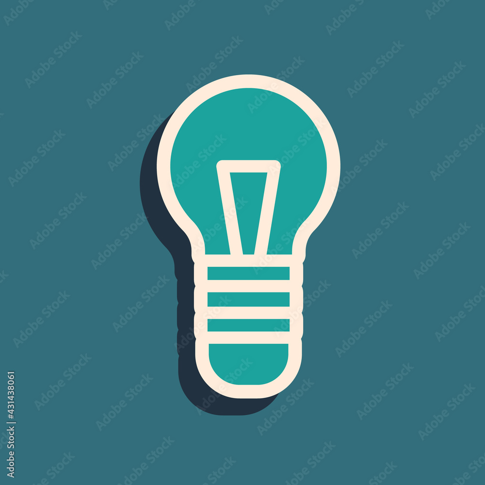 Green Light bulb with concept of idea icon isolated on green background. Energy and idea symbol. Inspiration concept. Long shadow style. Vector