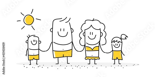 Stick figures of happy family on the beach.