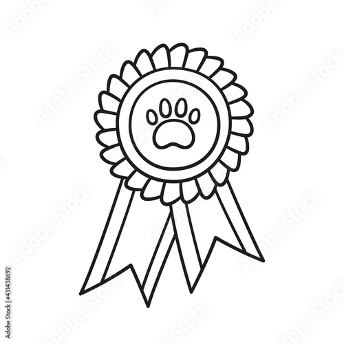 Dog award rosette doodle icon. Hand drawn medal with dog footprint as pets exhibition winner concept. Vector sketch illustration on white background.
