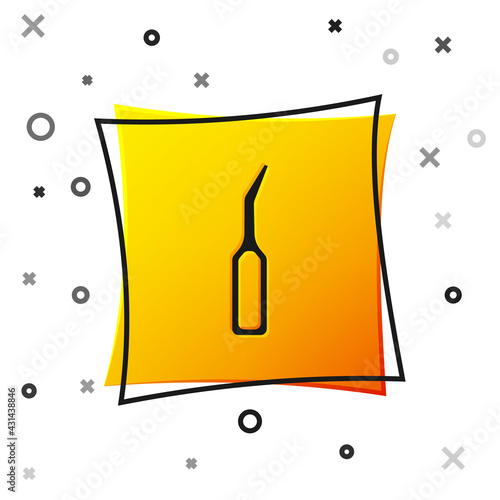 Black Dental explorer scaler for teeth icon isolated on white background. Yellow square button. Vector