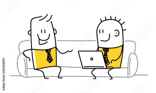 Stickmen with laptop sitting on the sofa.