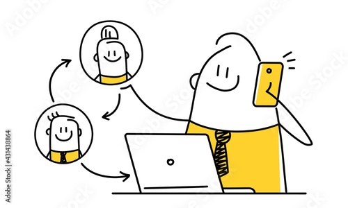 Stickman works with computer and phone.