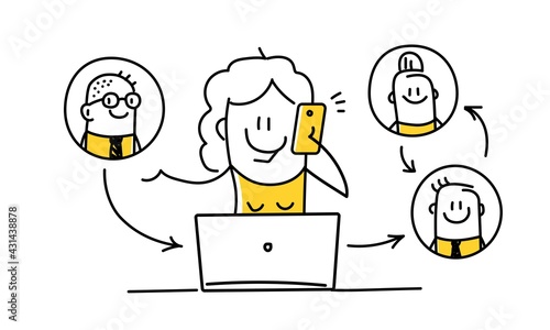 Stick figure of girl works with computer and phone.