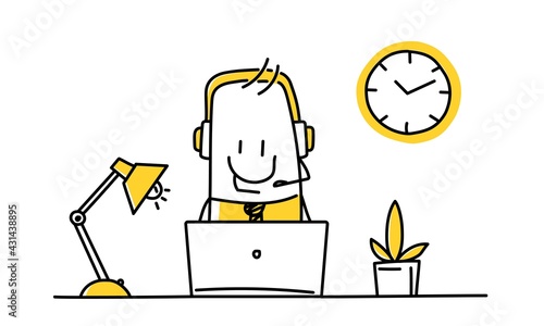 Stick man operator with headphones and microphone.
