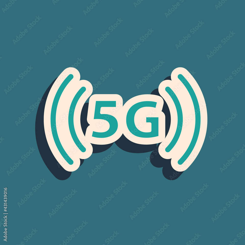 Green 5G new wireless internet wifi connection icon isolated on green background. Global network high speed connection data rate technology. Long shadow style. Vector Green 5G new wireless internet wifi connection icon isolated on green background. Global network high speed connection data rate technology. Long shadow style. Vector