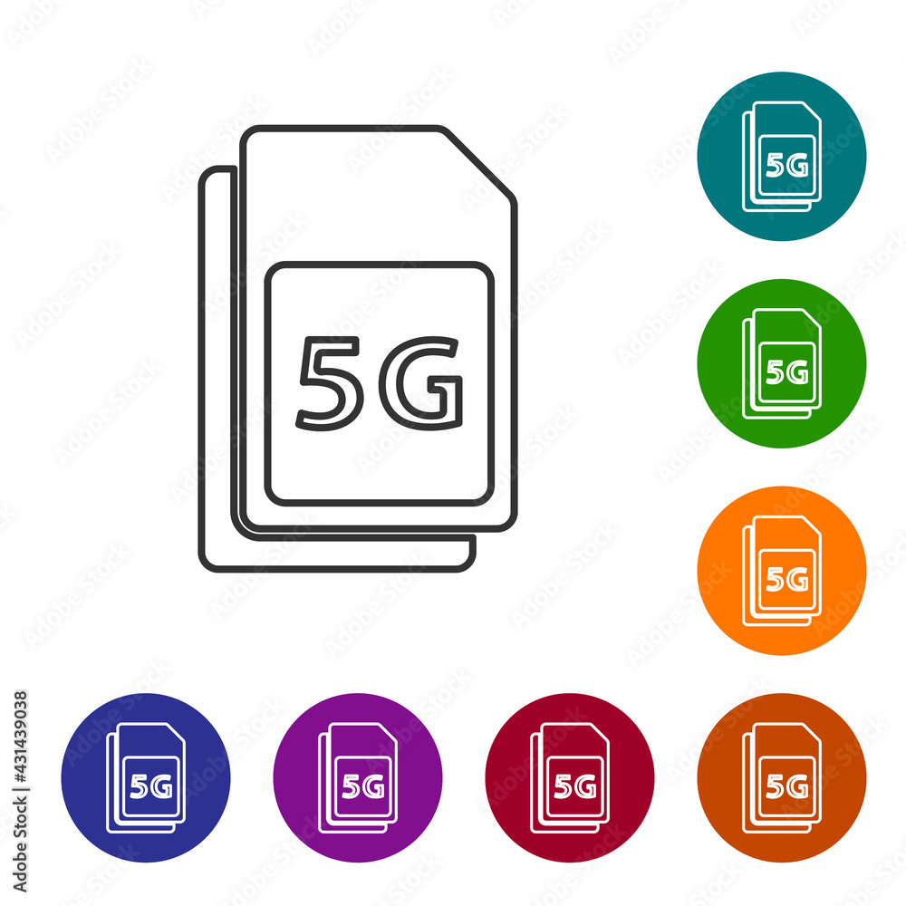 Black line 5G Sim Card icon isolated on white background. Mobile and wireless communication technologies. Network chip electronic connection. Set icons in color circle buttons. Vector Black line 5G Sim Card icon isolated on white background. Mobile and wireless communication technologies. Network chip electronic connection. Set icons in color circle buttons. Vector
