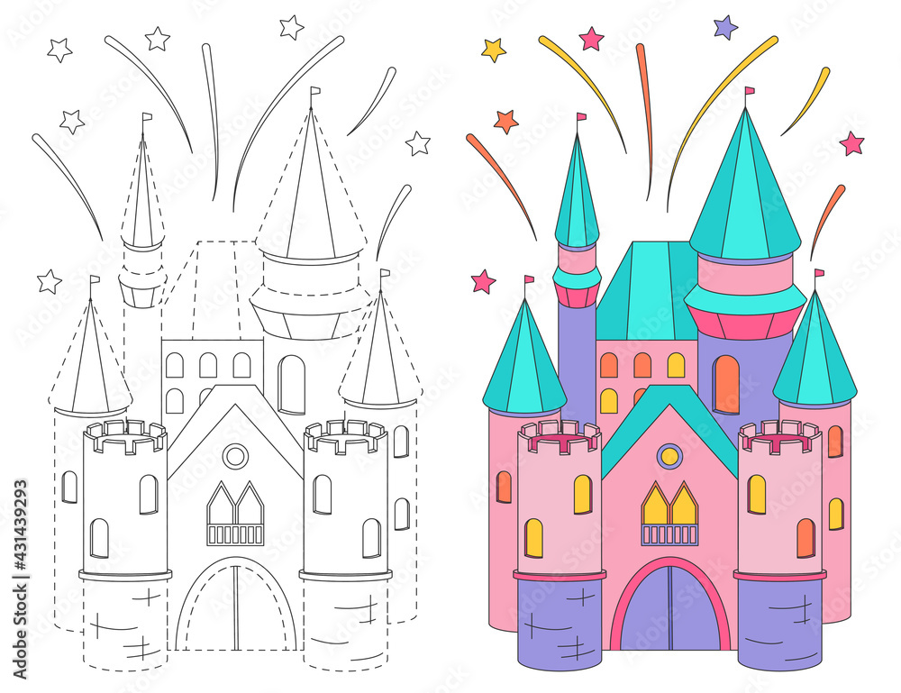 Fabulous pink castle, fireworks. Coloring book for children. The practice of handwriting. Education Development Worksheet. 