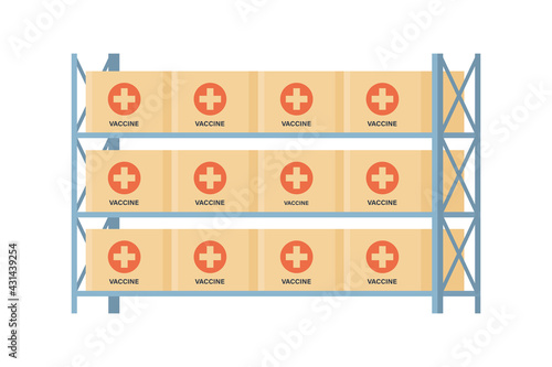 Coronavirus vaccine storage rack. Warehouse with covid vaccines. Anti virus campaign. Vector illustration on flat style in white background.