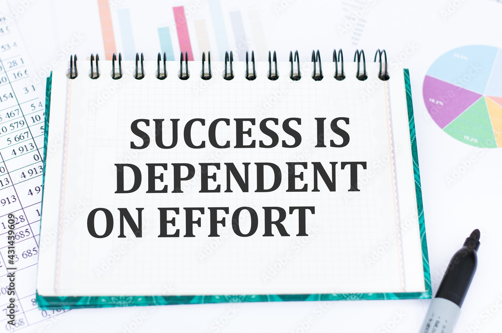 Notebook with text SUCCESS IS DEPENDENT ON EFFORT lies on the table with colored graphs and black marker. Business concept. Notebook with text SUCCESS IS DEPENDENT ON EFFORT lies on the table with colored graphs and black marker. Business concept.