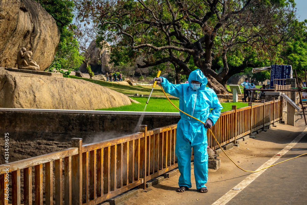 Sanitizing At Tourist Places In South India, Due to COVID-19 Or Coronavirus Spread. India Is In Pandemic Situation and Fighting With Second Wave Of Coronavirus