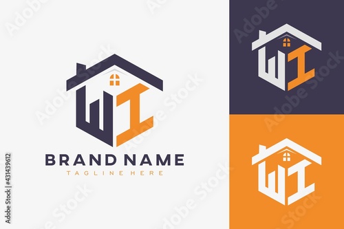 hexagon WI house monogram logo for real estate, property, construction business identity. box shaped home initiral with fav icons vector graphic template