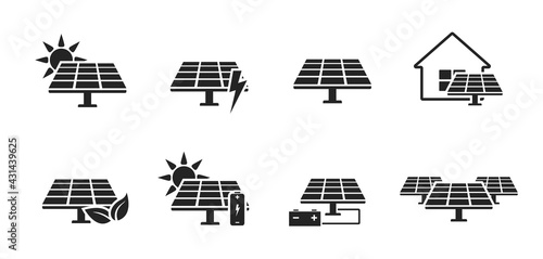 solar panel icon set. eco friendly power industry. sustainable, renewable and alternative energy symbols